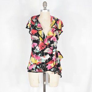Nanette Lepore Bright Poppy Flower Silk Ruffle Wrap Top